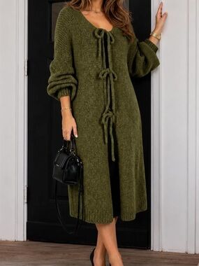 Olive Green Knit Tie-Front Midi Dress
